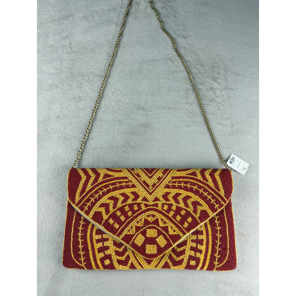 Francesca's Red Yellow Beaded Envelope Clutch Crossbody Bag Gold Chain New